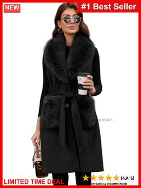 Long Wool Vest Belted Faux Fur Collar Sleeveless Coat